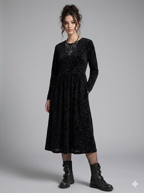 Black Velvet Burnout Midi Dress - 12P, goth, whimsy, cosplay, witchy
